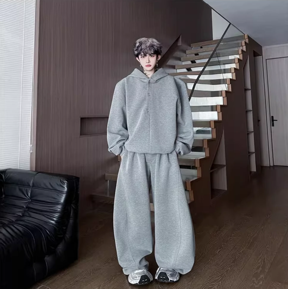 2025秋季美式高街连帽纽扣装饰卫衣套装男搭配阔腿长裤休闲两件套