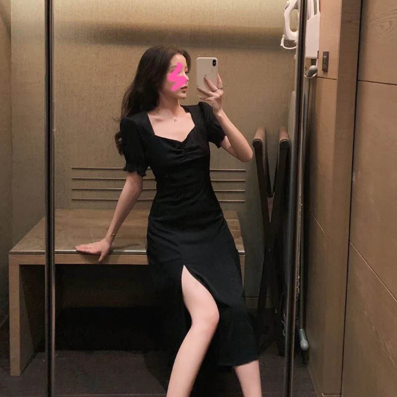 【当天发】设计感小众气质v领新款长裙初恋黑色连衣裙子女夏季甜美
