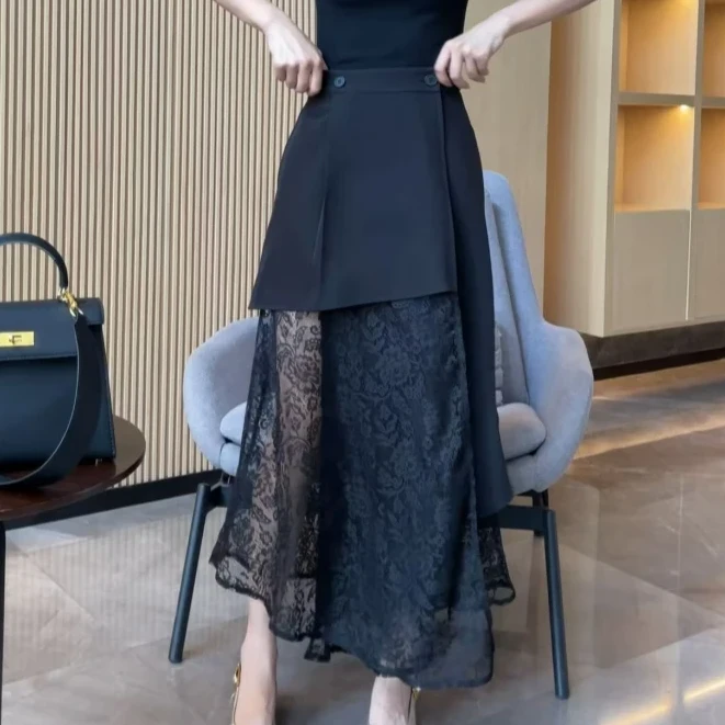 2025夏季新款系扣裙子网红拼接高腰半裙INS风O型半身裙厚款蕾丝