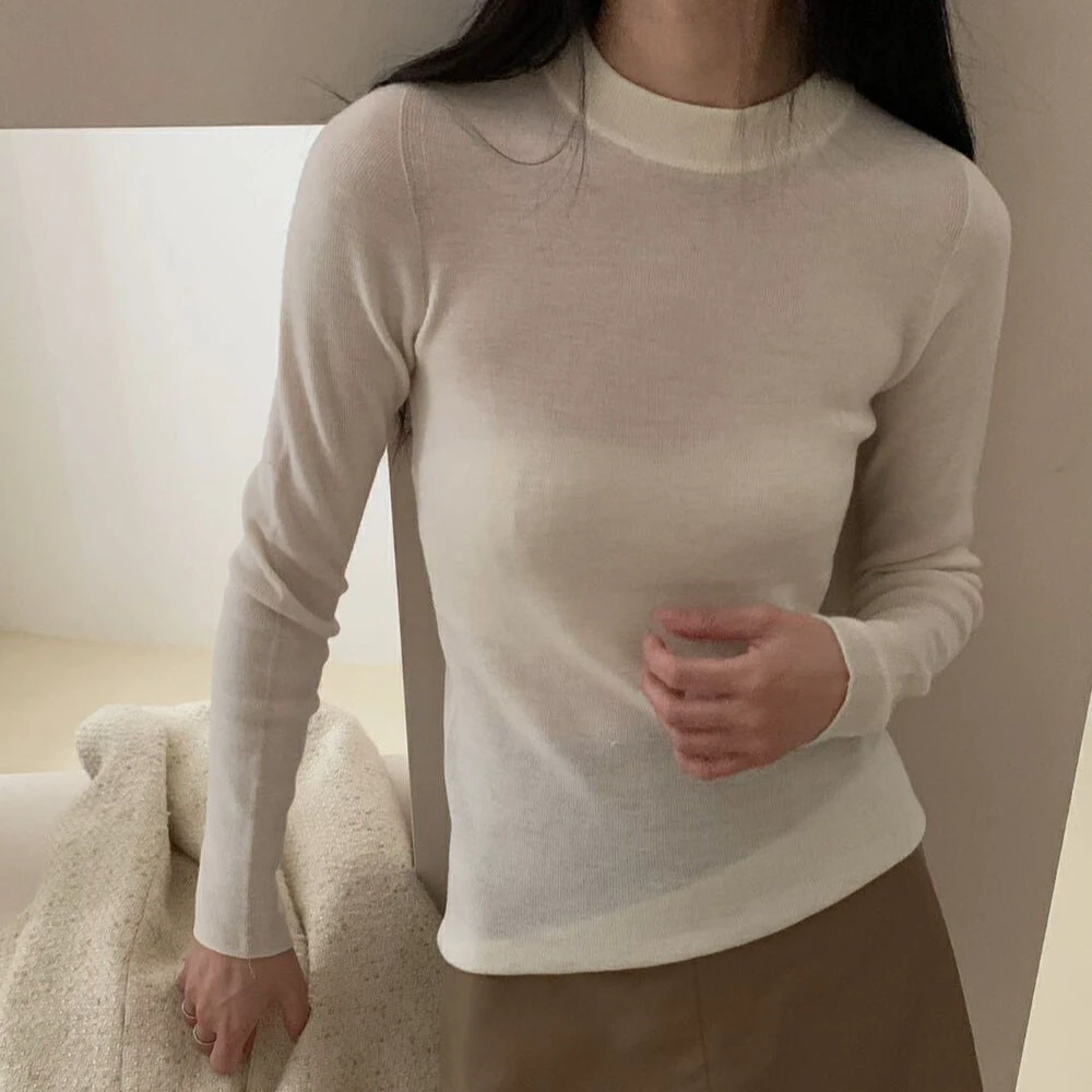 ROUHAN扬子纱精纺圆领100%绵羊毛打底衫修身显瘦白色羊毛衫女FP56