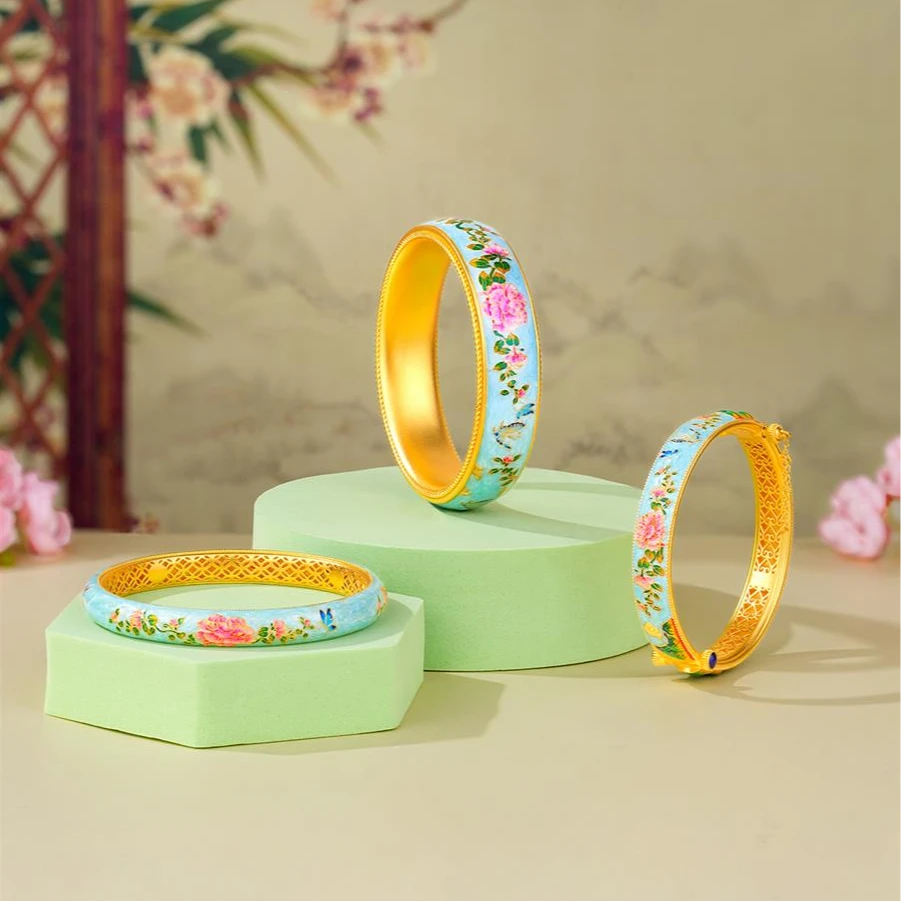 ZOCAI/佐卡伊古法黄金珐琅彩国色芳华牡丹春信宽窄版手镯系列