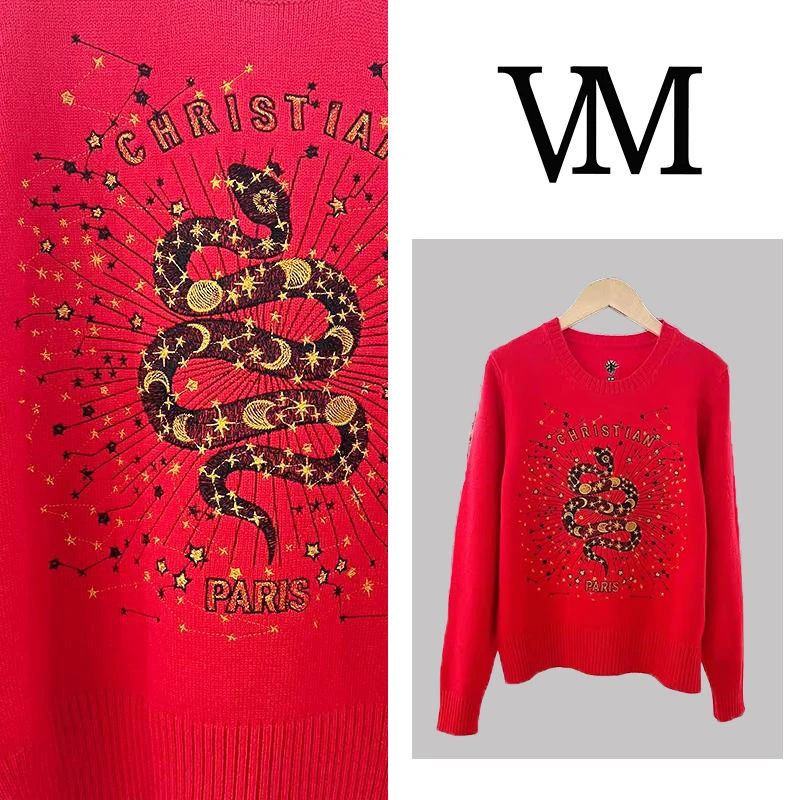 长袖针织衫打底毛衣套头女秋冬季新款时尚气质红色圆领上衣cx7785