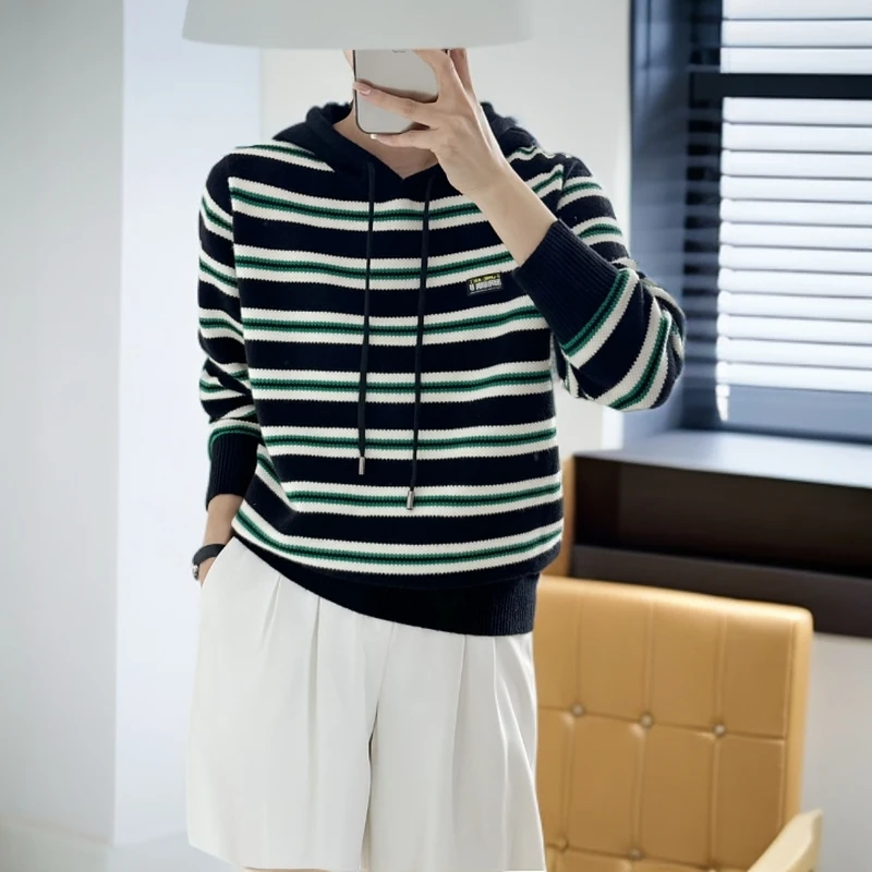 818【黑 领   帽衫 新款加厚针织衫】高级感气质针织女毛衣