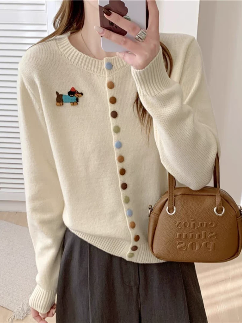 时尚刺绣小狗毛衣开衫圆领气质百搭款春秋简约长袖宽松慵懒风新款