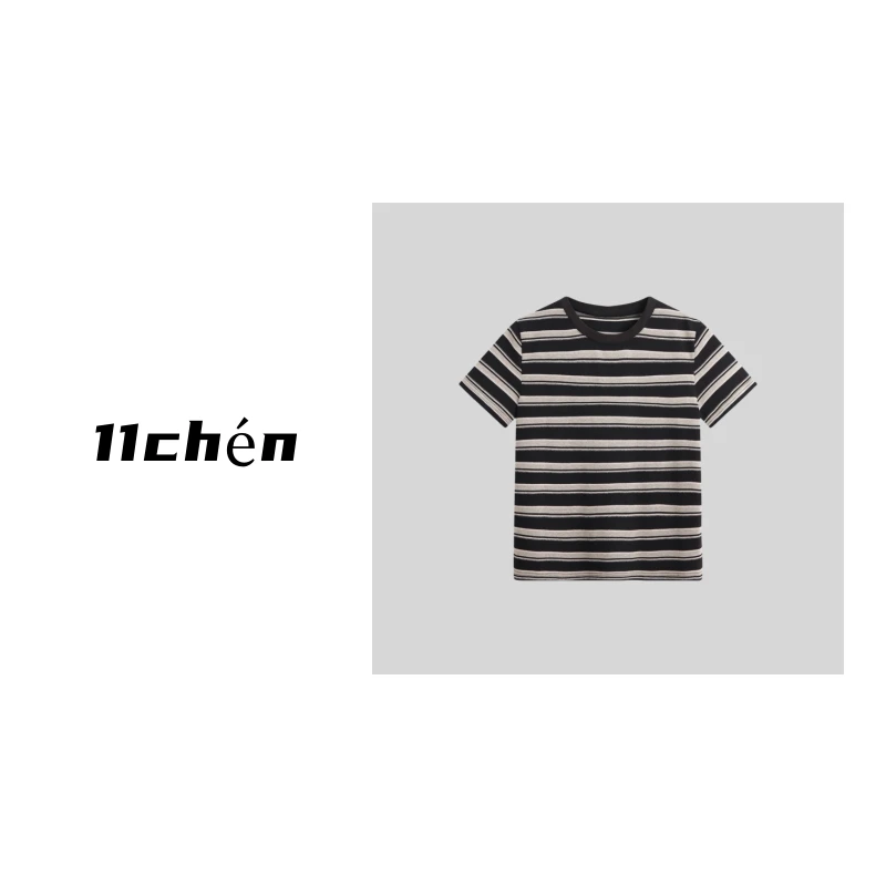 【11chén】“ 莫斯密码”夏季显瘦条纹短袖T恤