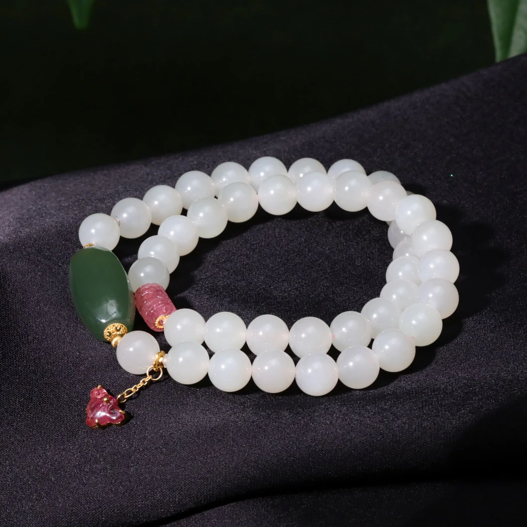 【意婵】《自由花》（8mm）典藏级和田玉老藕双圈手链碧玺18K金-913814