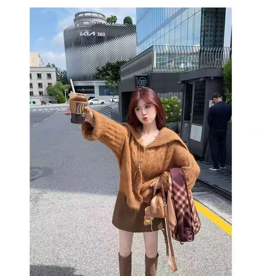 秋季设计感海军领连帽针织短外套慵懒风软糯韩系开衫毛衣女