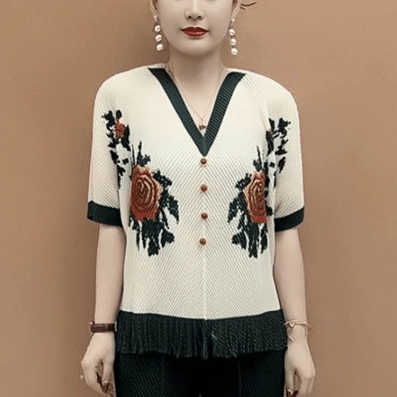 2025夏季新款提花玫瑰妈妈针织衫女中老年新中式复古V领短袖毛衣