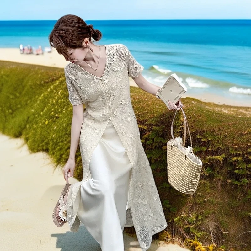 蕾丝开衫吊带连衣裙套装女夏日绝美流行御姐气质叠穿两件套温柔风