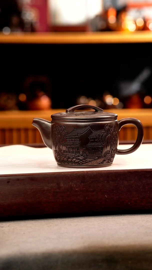 茶壶紫砂古乌泥 汉瓦 忆江南珐琅彩