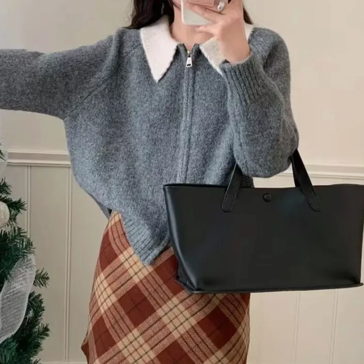 HSTYLE/韩都衣舍翻领开衫针织POLO领毛针织衫拼色套头毛衣 80YS-3