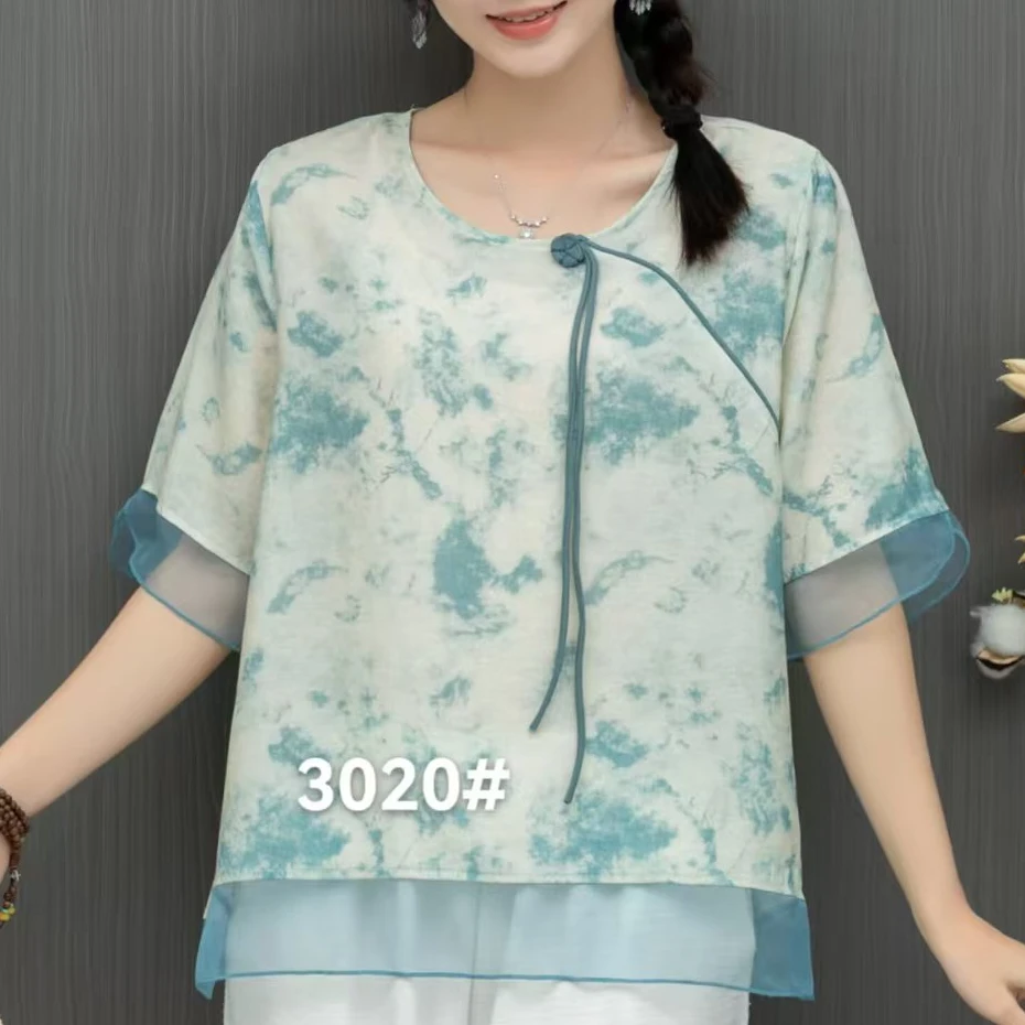 3770#夏季中老年女装文艺洋气时尚小衫夏季盘扣薄款衬衫