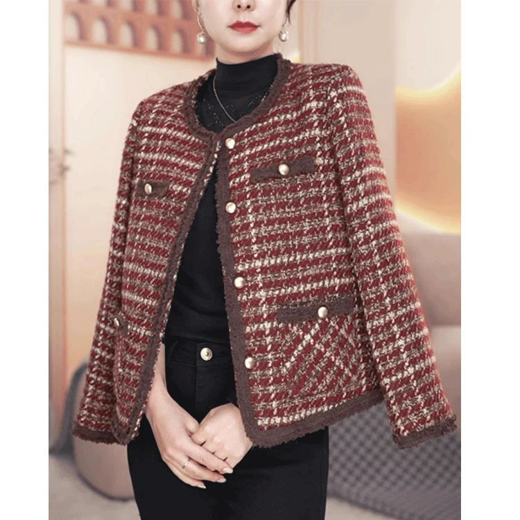 格子小香风2025年秋冬加厚充绒新款外套妈妈装外套