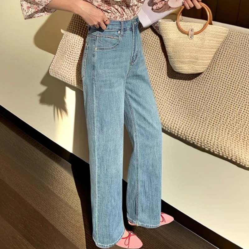 5697 A站牛仔直筒裤女宽松显瘦休闲裤梨形身材百搭牛仔阔腿长裤