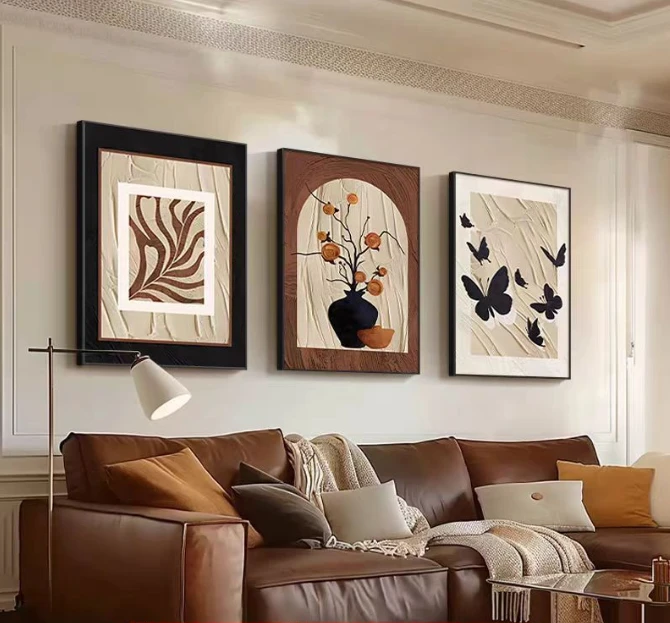 中古三联画事事如意北欧风客厅郁金香三连肌理板画