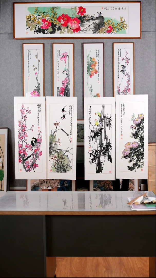 国画高启太《梅兰竹菊四条屏》纯手绘原稿122*47厘米