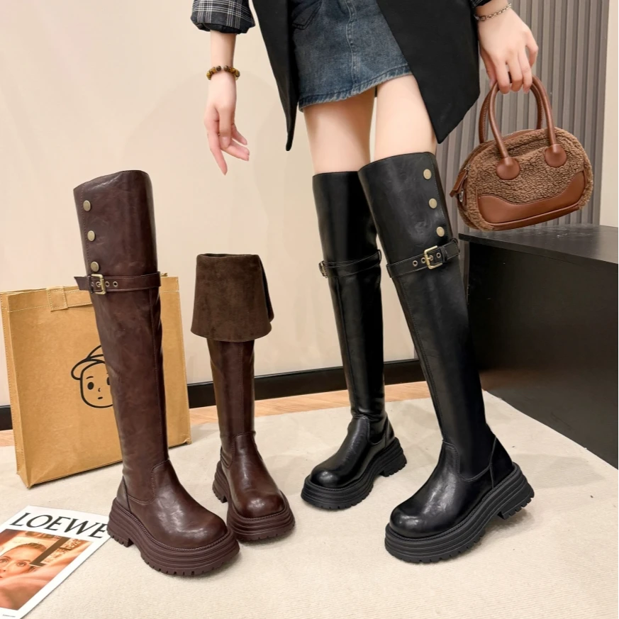 厚底过膝长靴女加绒2025新款冬季四穿高筒骑士靴显瘦长靴S930