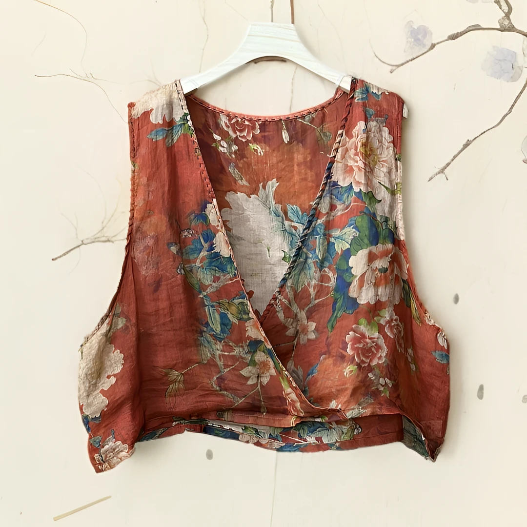 25202苎麻领缝线斜襟时尚夏季无袖文艺纯色网红马夹