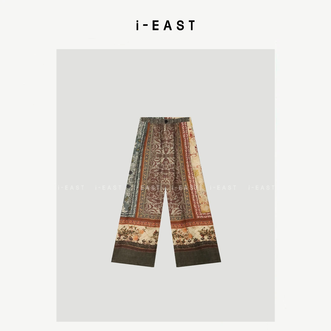i-EAST 莫迪山里~复古撞色花色松紧腰休闲裤-5C K13331