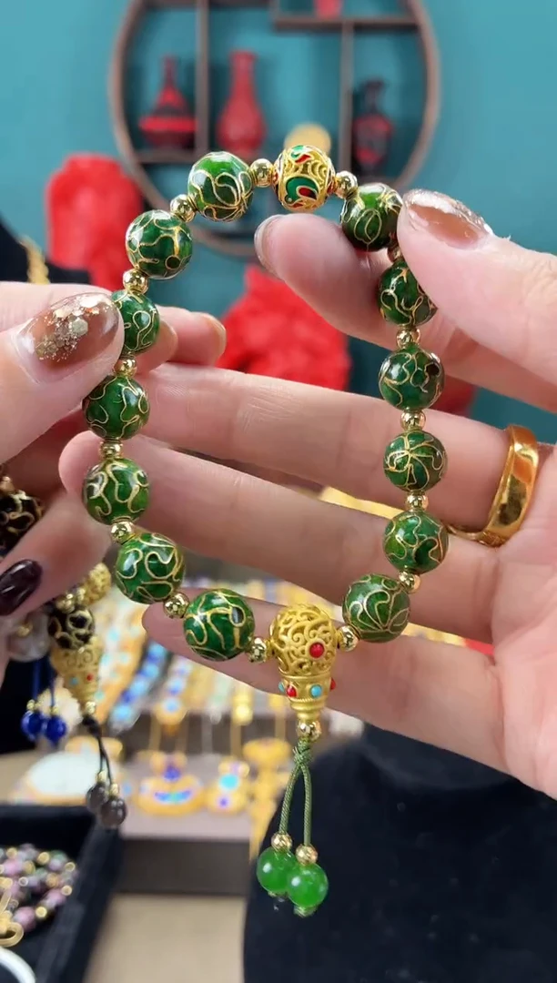 豌**儿非遗手工景泰蓝手串万花1.0绿色