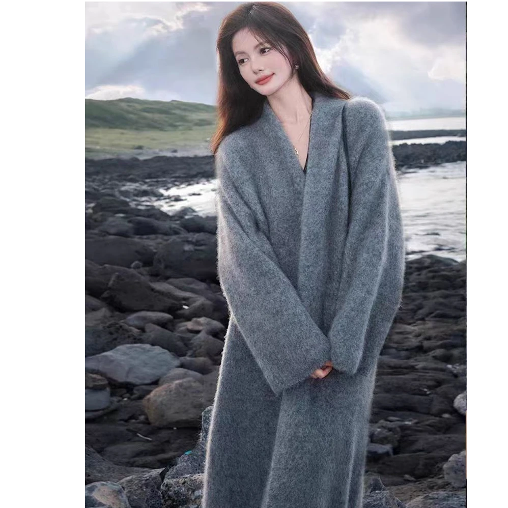 秋冬奢级羊驼羊毛过膝中长款毛衣慵懒女针织开衫(A8-24)W013