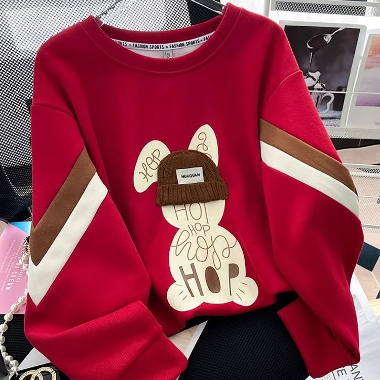 美拉德国风红色高端即墨圆领卫衣秋冬款洋气时尚女上衣大码300斤