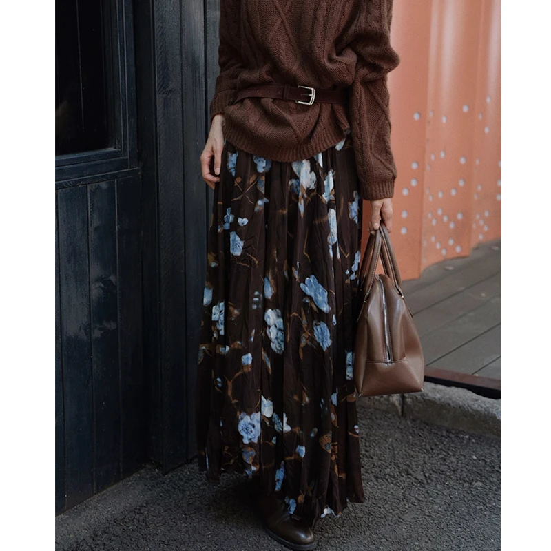 重工压褶花卉半身裙女2025新款秋冬季显瘦松紧腰半裙碎花a字裙女