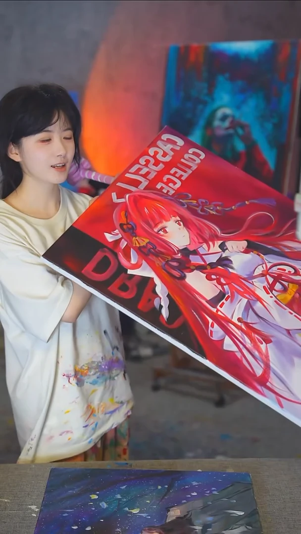 油画中****粉大尺寸绘梨衣丙烯画纯手绘