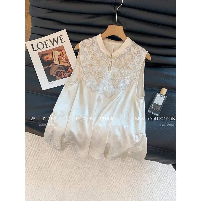 新中式蕾丝拼接提花无袖背心女2025夏高级感气质温柔国风立领上衣