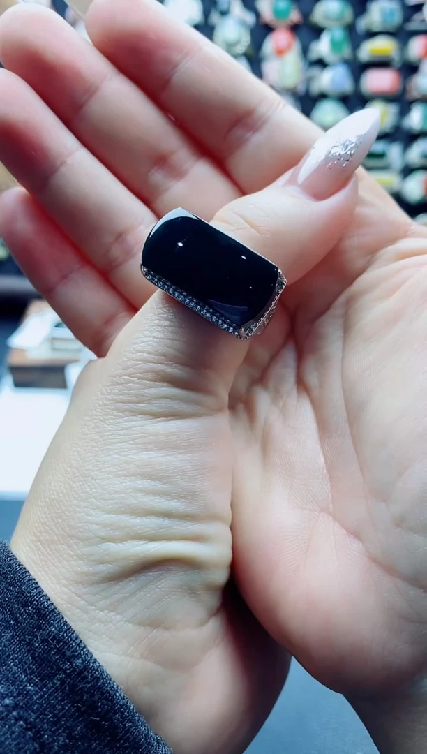 银S925镶嵌戒指翡翠三*天然A货翡翠男戒