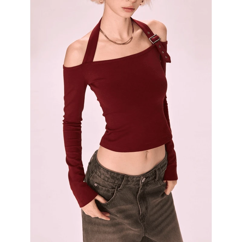 美式辣妹内搭长袖t恤女装秋冬新款可调节挂脖打底衫修身短款上衣