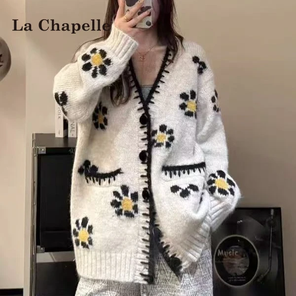 拉夏贝尔手工钩花V领针织衫女秋冬厚款慵懒风高级感花朵开衫毛衣