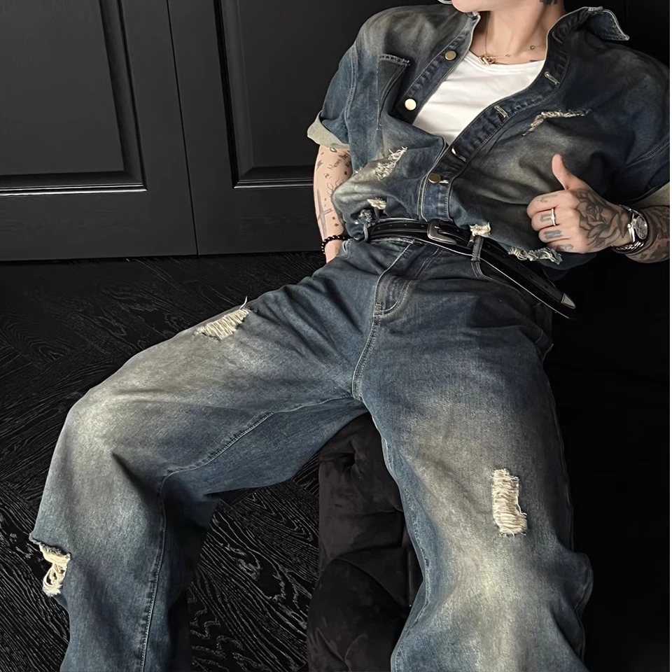 LIGGICC夏季美式复古水洗破洞短袖牛仔衬衫套装男痞帅休闲长裤潮