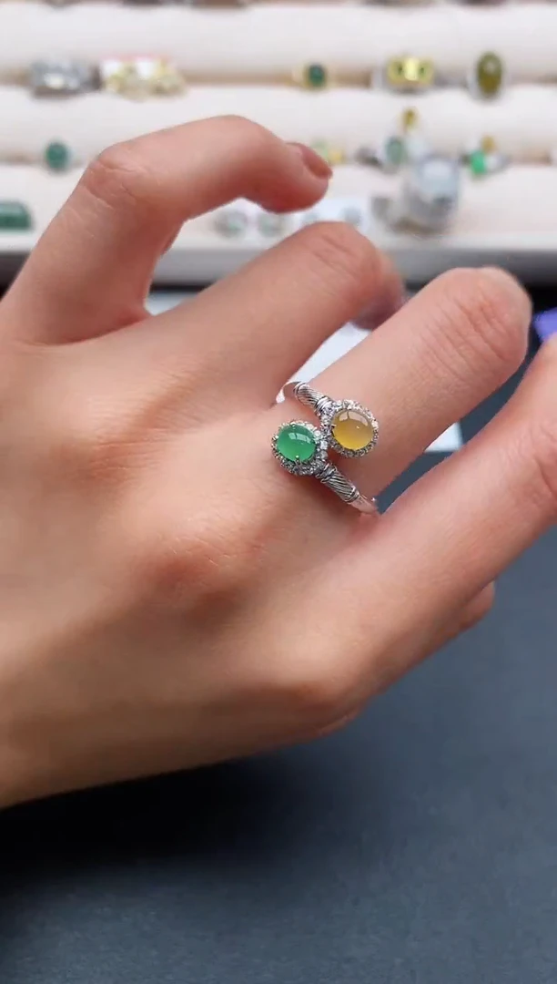 银S925镶嵌戒指翡翠缅甸天然A货翡翠333  3-7