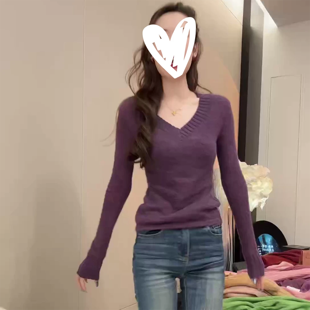 秋冬款修身显瘦打底针织衫暗紫色螺纹V领毛针织衫毛衣时尚C6526