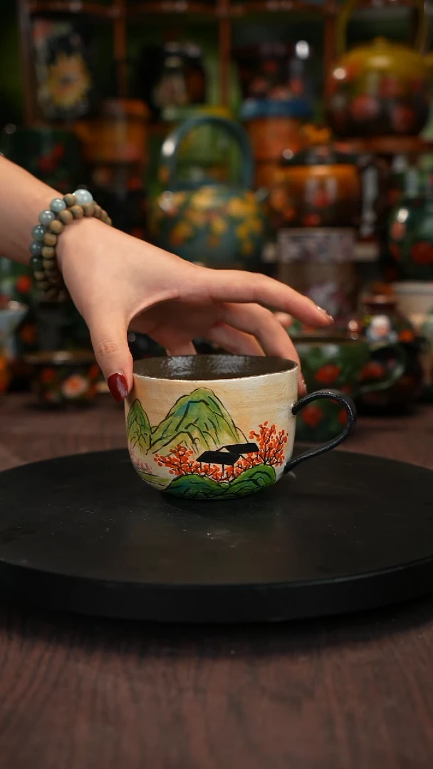 油画手绘釉下彩杯子