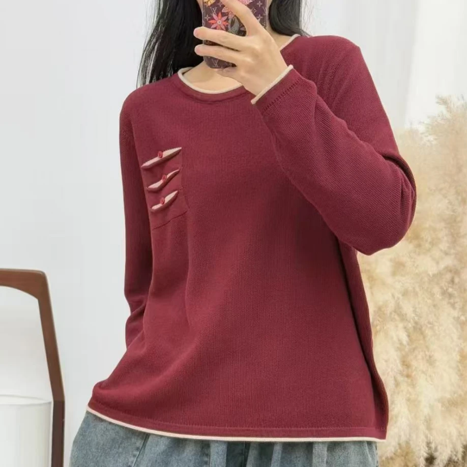 春季新款时尚百搭上衣宽松减龄圆领套头小衫女款针织棉线线衣