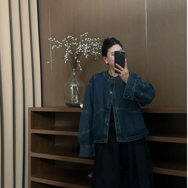 2025新款韩版圆领单色牛仔小外套女士百搭款潮流宽松短款春秋