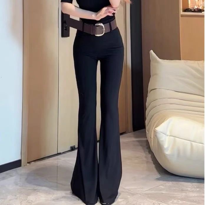[DARUI]高级感西装微喇裤气质黑色显腿长高腰垂感喇叭裤3817