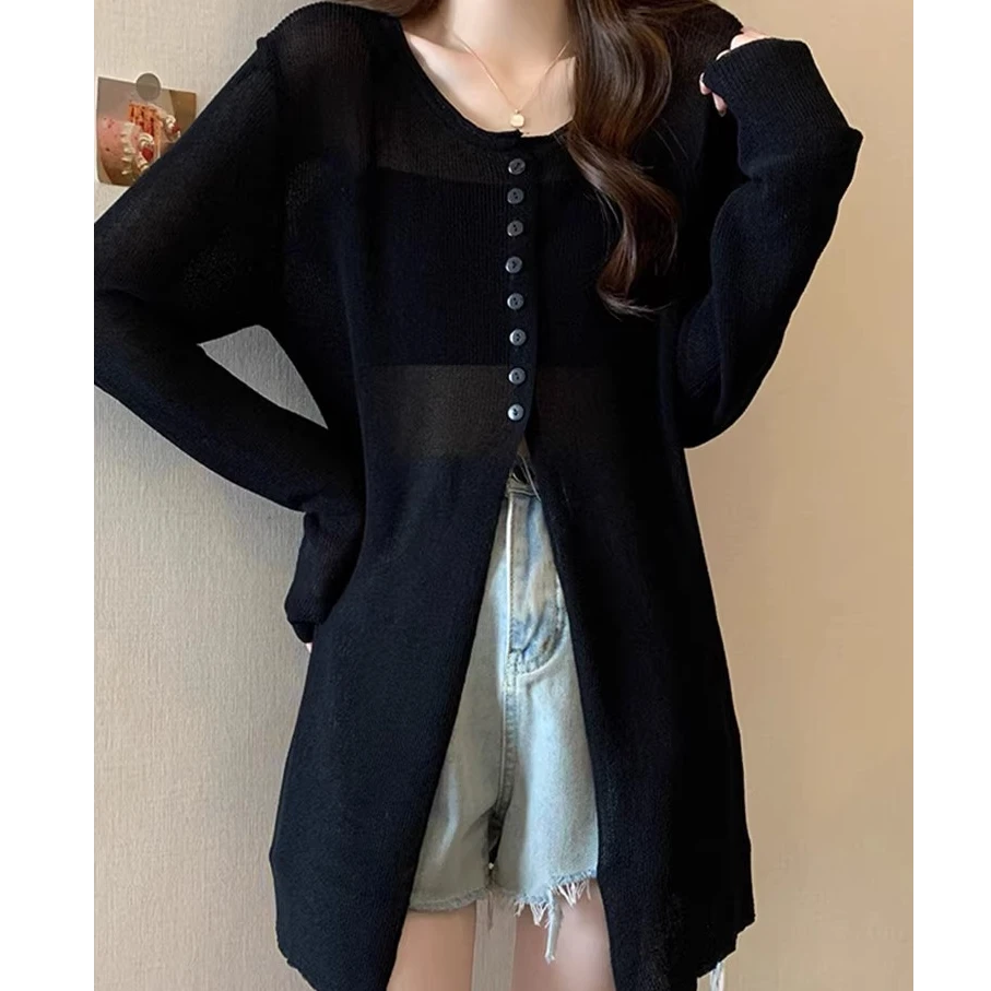 大码黑色中长款冰丝防晒罩衫女夏季薄款慵懒风开叉针织衫上衣胖mm