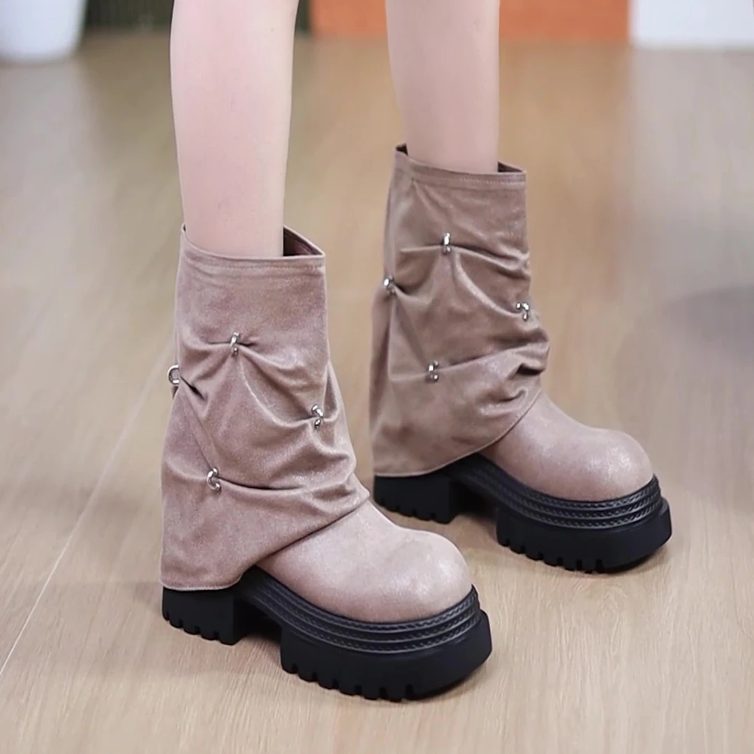 秋冬新款甜酷金属扣厚底裤管靴女2025百搭圆头小个子高跟骑士短靴