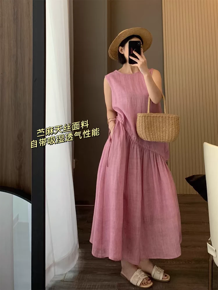 苎麻+天丝！高端法式慵懒抽褶抽绳圆领无袖连衣裙女31096