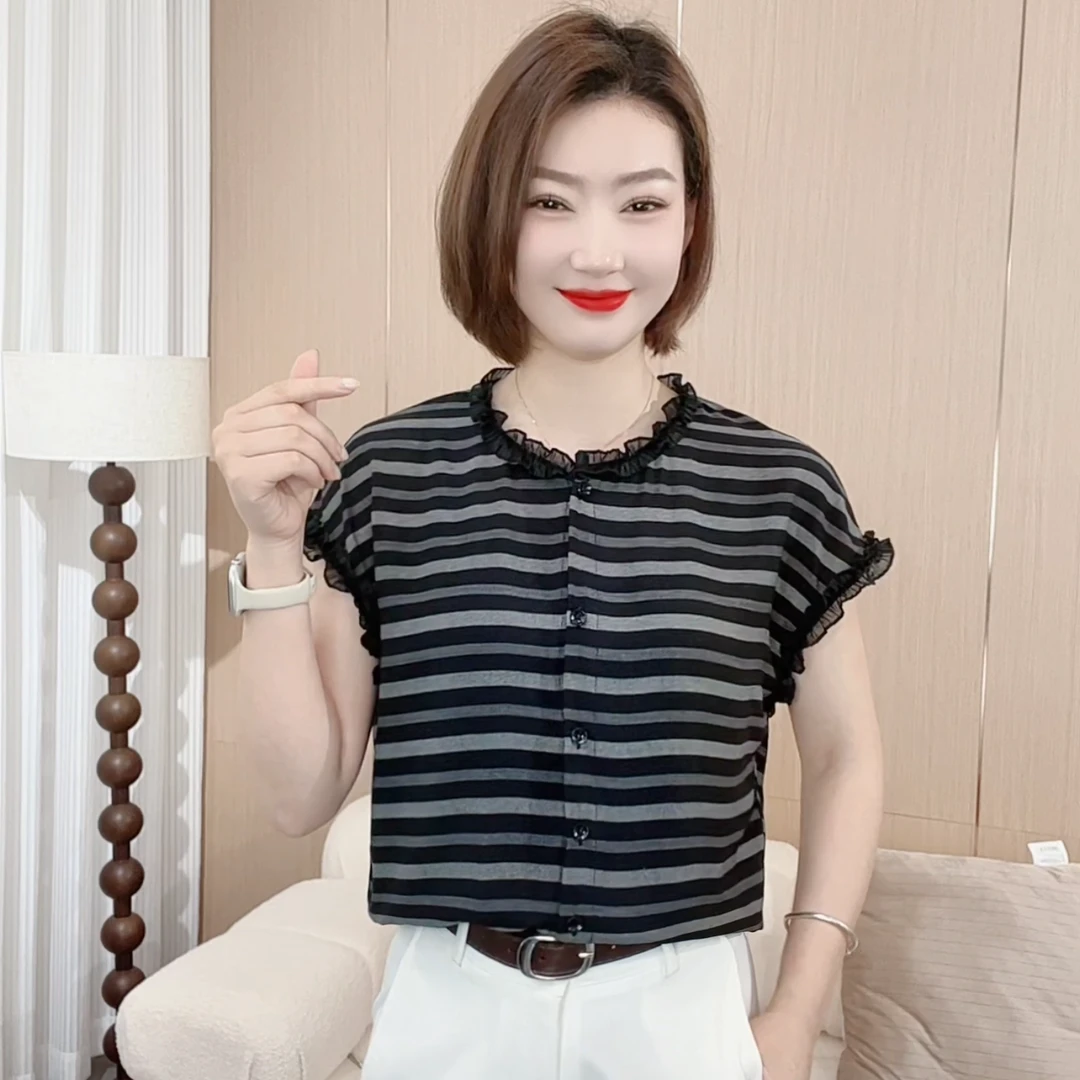 2025夏季时尚洋气新款简约花边花瓣袖气质休闲百搭短袖P2272