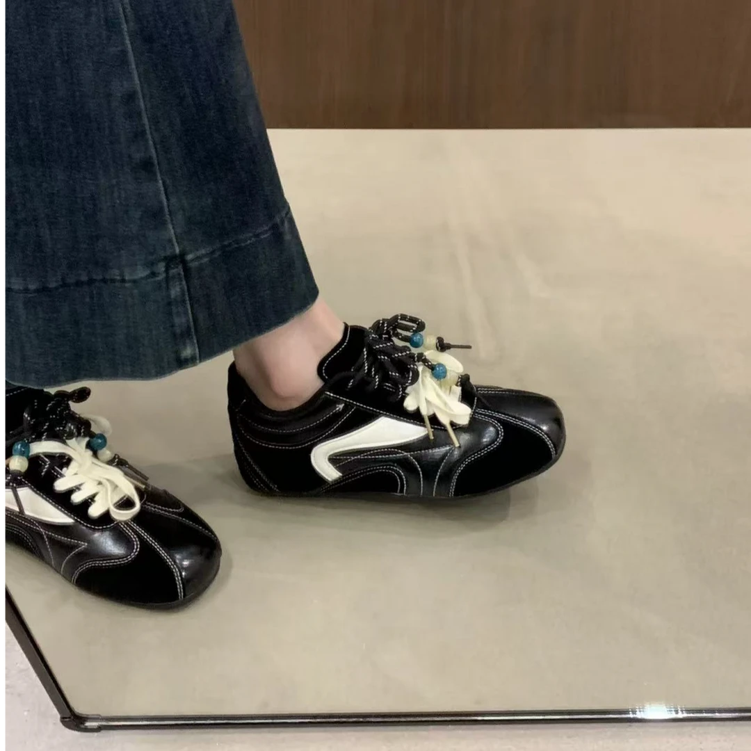 软妹画风～！拼色德训鞋女圆头系带休闲运动鞋软底单鞋1701/B10