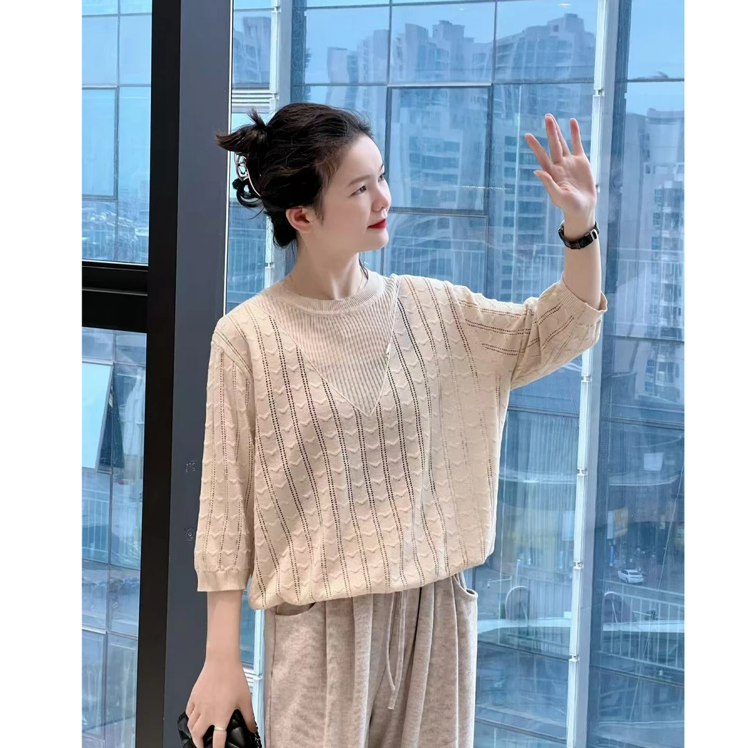 普拉那 649春夏时尚洋气圆领镂空浮雕针织半袖女款气质上衣