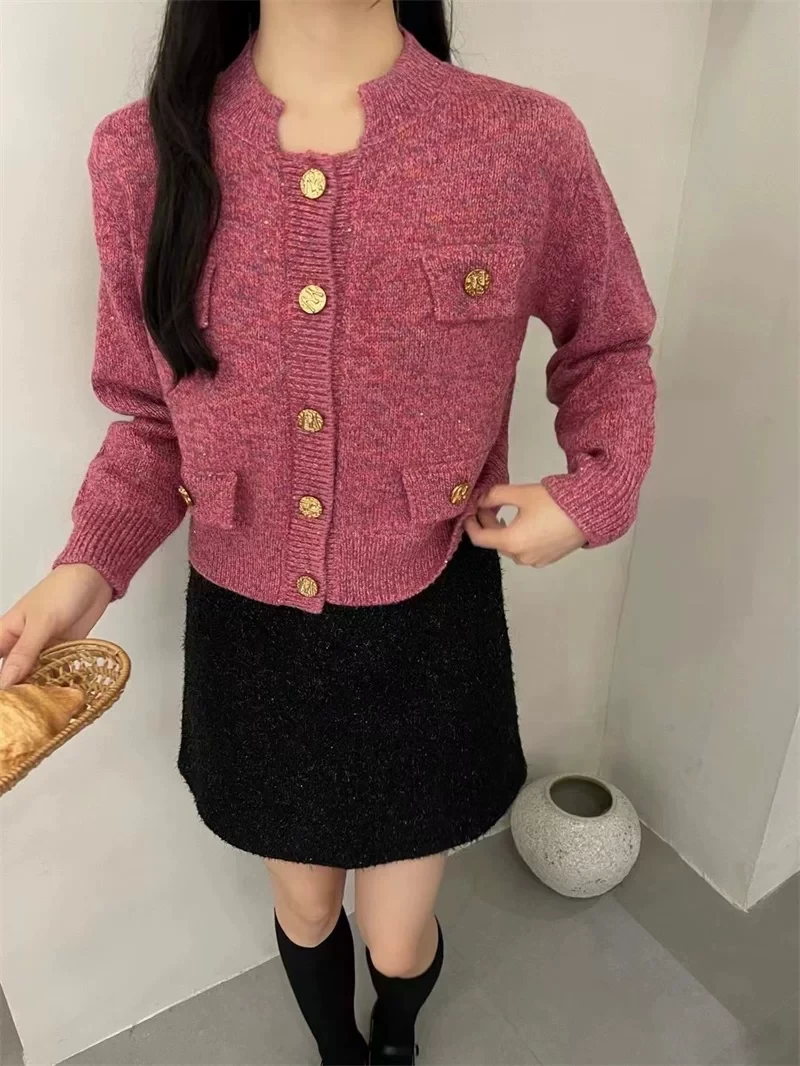 简约温柔风气质全羊毛针织开衫女2024秋季新款宽松单排扣毛衣外套