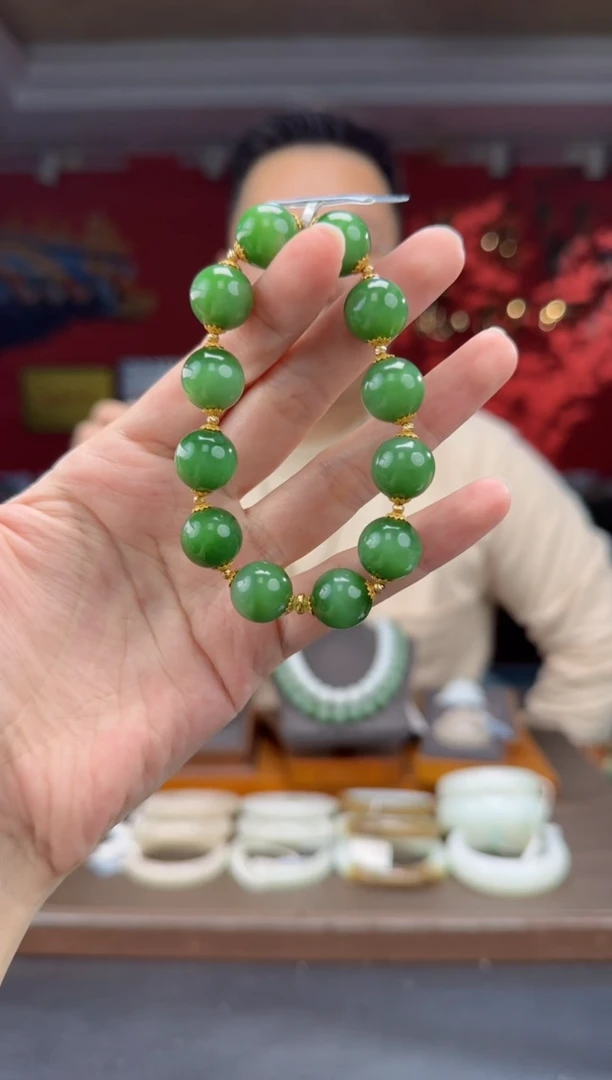 18K金镶嵌手串和田玉碧玉粉绿diy单圈手串