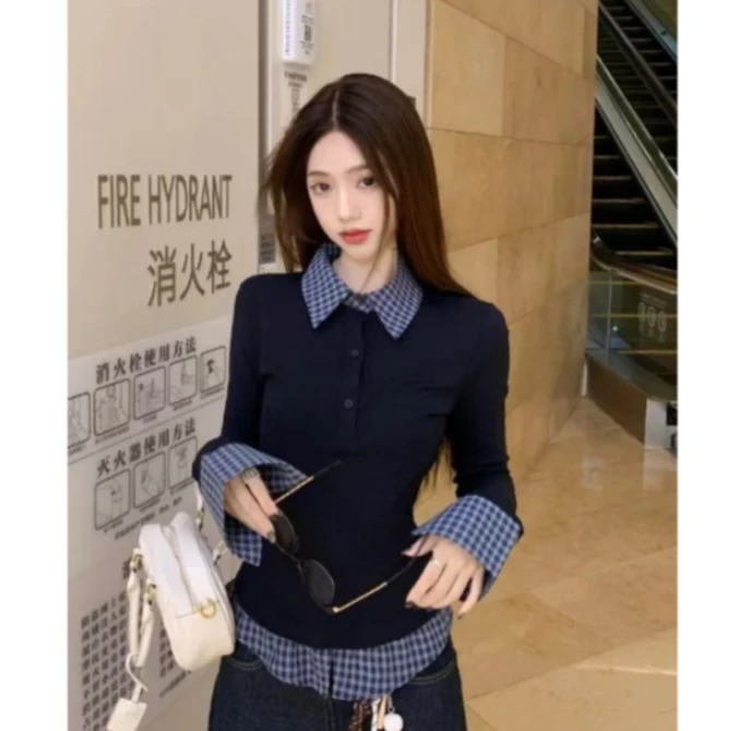 82270学院风假两件小众拼接衬衫长袖T恤女春季新款修身收腰上衣