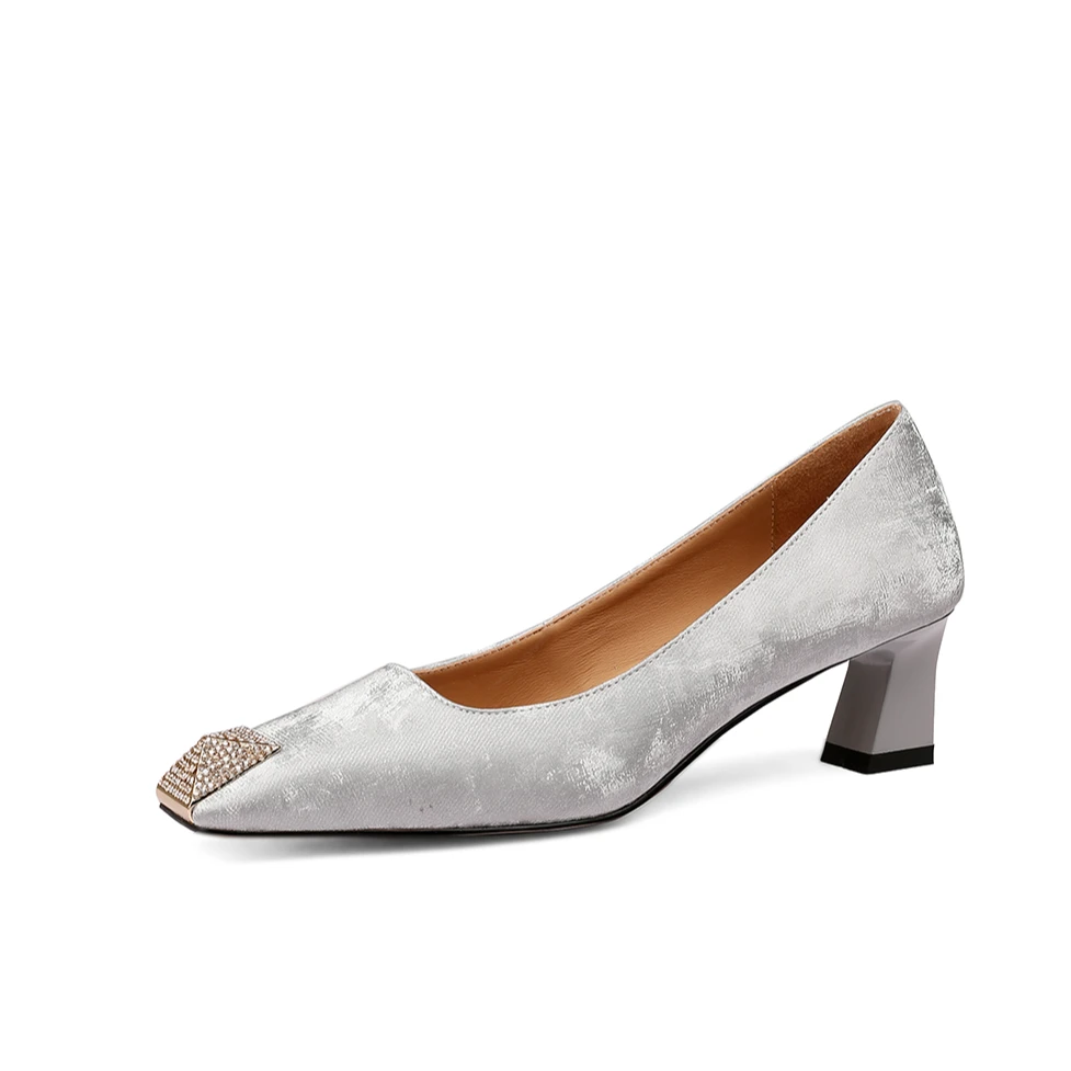 KFY【3.5cm】2024春季新款方头时尚气质百搭粗跟真皮单鞋D353灰