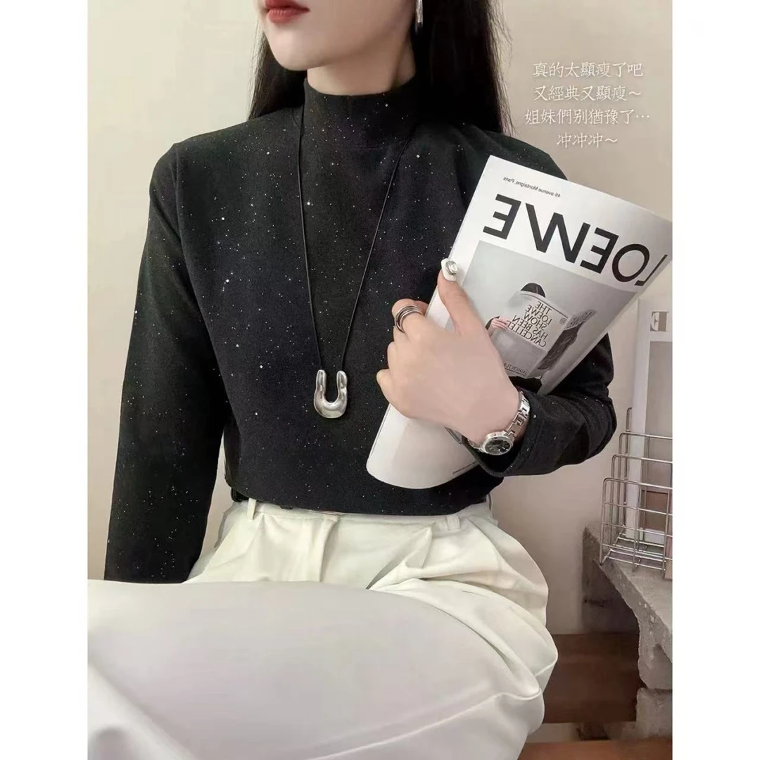 丽丽家~亮晶晶气质长袖洋气时尚百搭半高领打底上衣